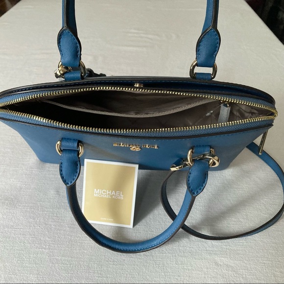 MICHAEL KORS Cindy Large Dome Crossgrain Blue Chambray Leather Satchel Purse Bag - Picture 10 of 14